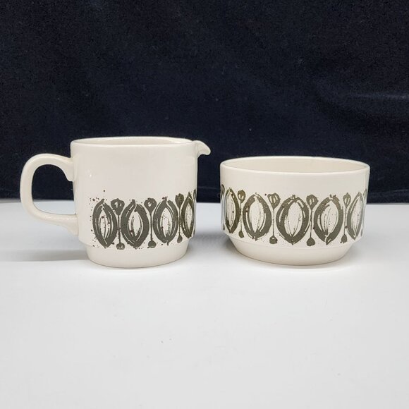 MCM Bilton England Cream and Sugar Bowl Ceramic White Green Ovals VTG - Picture 1 of 9